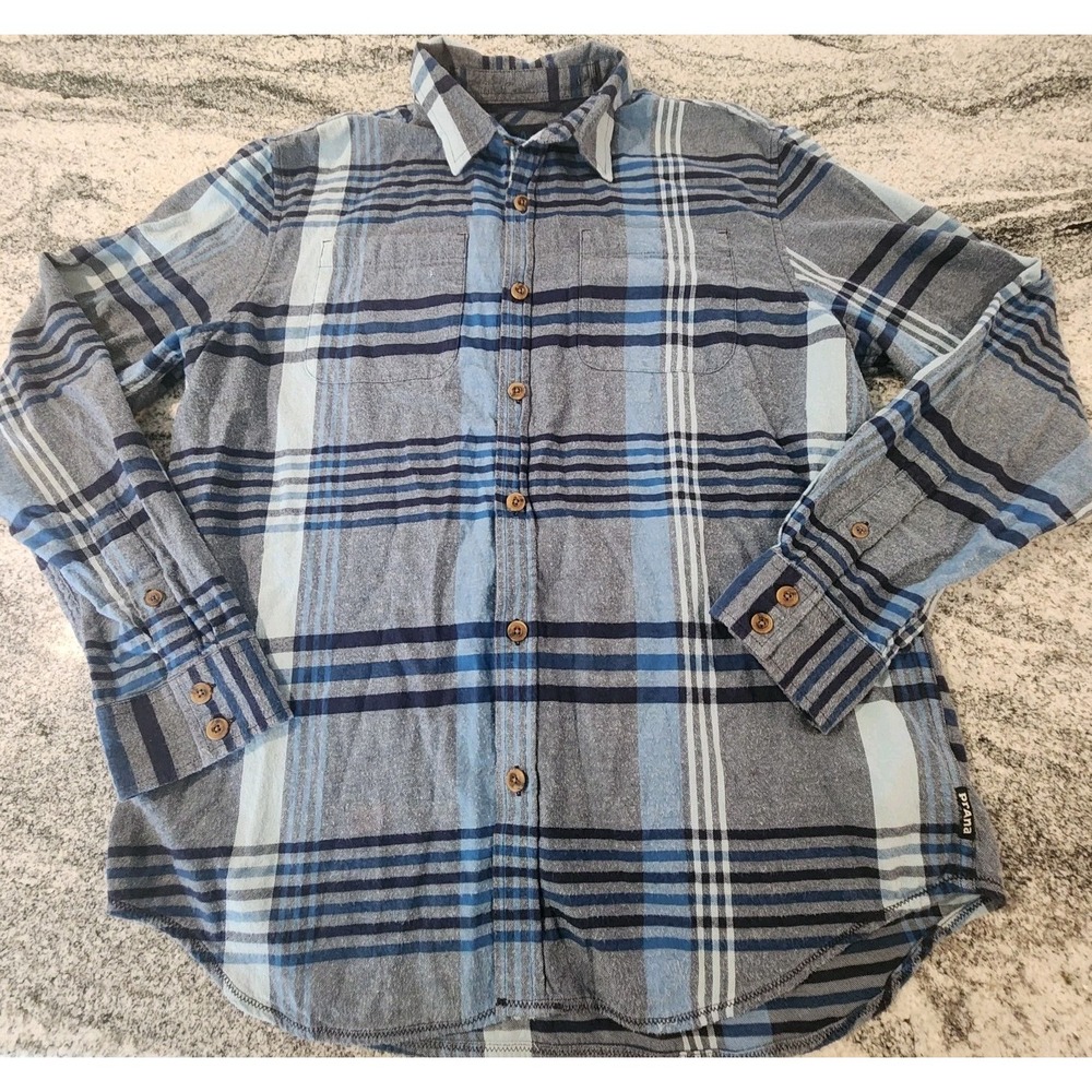 PRANA FLANNEL BUTTON DOWN SHIRT MENS MEDIUM BLUE PLAID 100% ORGANIC DELANEY